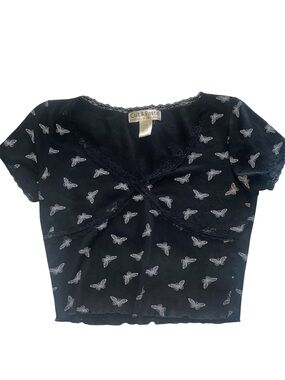 Cut & Paste Juniors Lace Baby Crop Tee Black W/butterflies Size Small   NEW